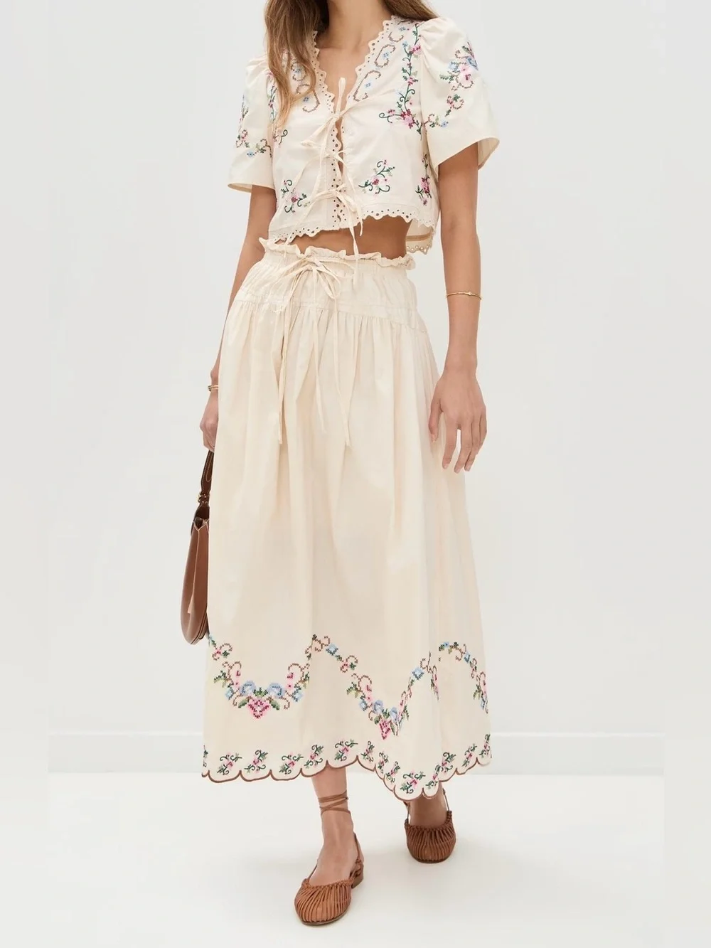 Moon River Ivory Eyelet Cross Stitch Midi Skirt & Top Two piece set womens small - Picture 5 of 7